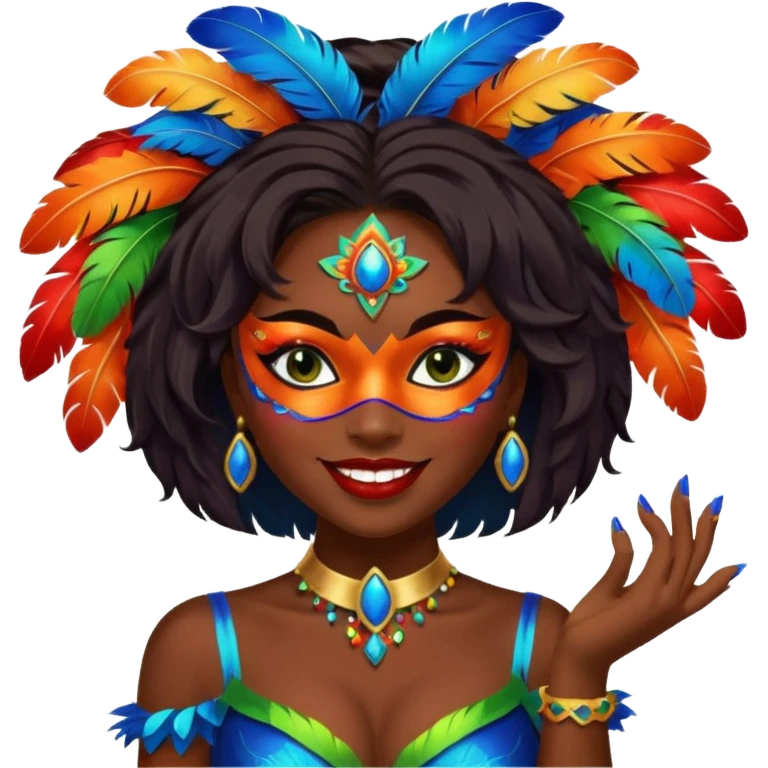 i need the same girl in "dark skin girl, dark red lipstick, nails very beautiful" to be smiling in "carnival mas costume, blue, green and orange preferably, full costume feathers at the back" she is to be smiling, hair should be dark and in a bob  emoji