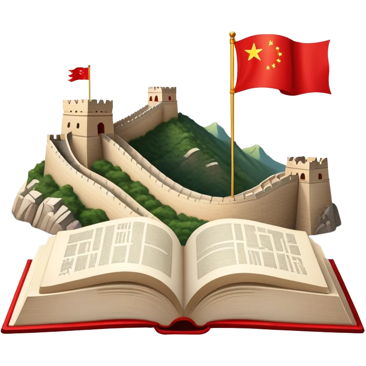 An icon featuring the Great Wall of China and the big flag of China, symbolizing the Chinese language. The design includes an open book with Chinese characters, representing language learning. Transparent background highlights the depth of Chinese heritage. emoji