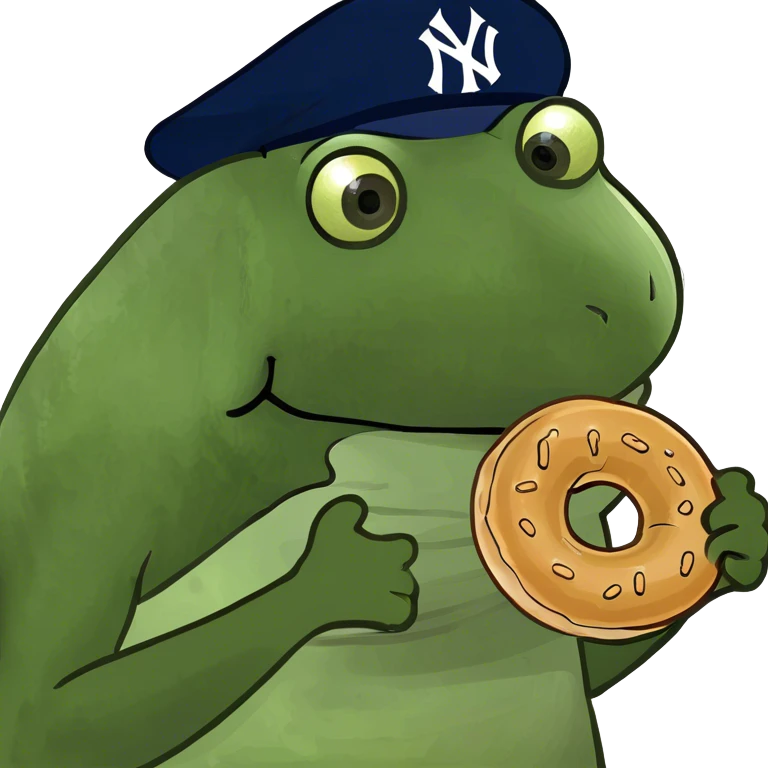 wearing a yankees hat, holding a bagel emoji