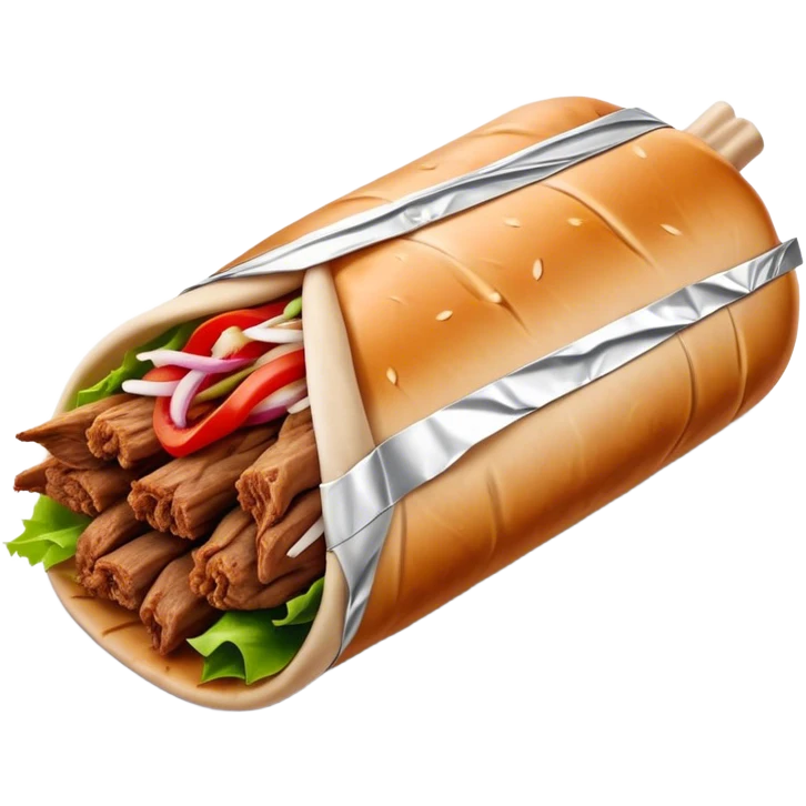 Doner Kebab Cinematic Realistic Doner Kebab Dish Emoji, depicted as iconic, spiced meat wrapped in foil and paper, rendered with lifelike textures and dynamic, appetizing lighting. emoji