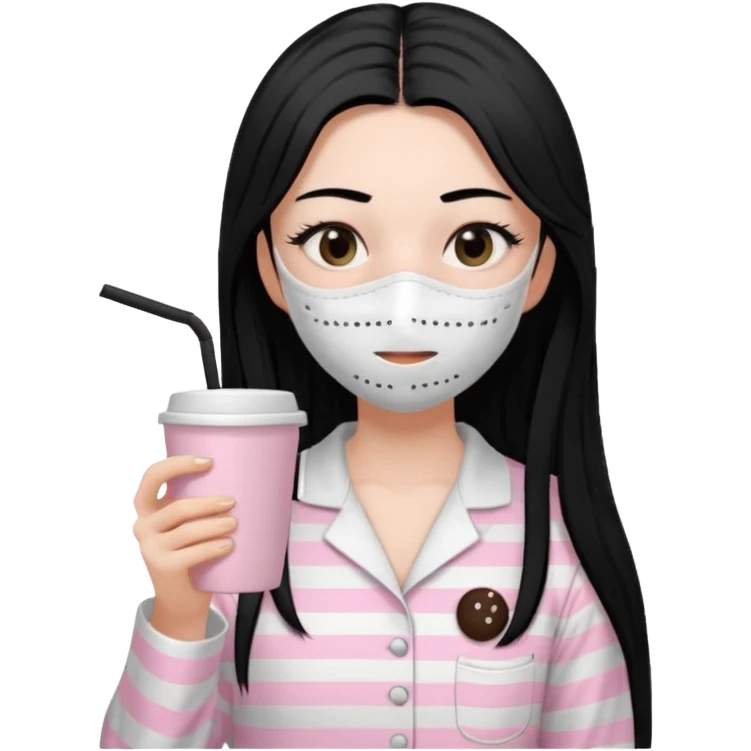 chica de pelo lacio color negro cabellera larga piyama blanca con rayas rosa claras peo no tan claras no oscuras el bordado es negro al igual que los botones )tiene una mascarilla para la carablanca y sostiene y cafe con bolitas nedras al dondo con unsorbete tranparente y es de test blanca  emoji