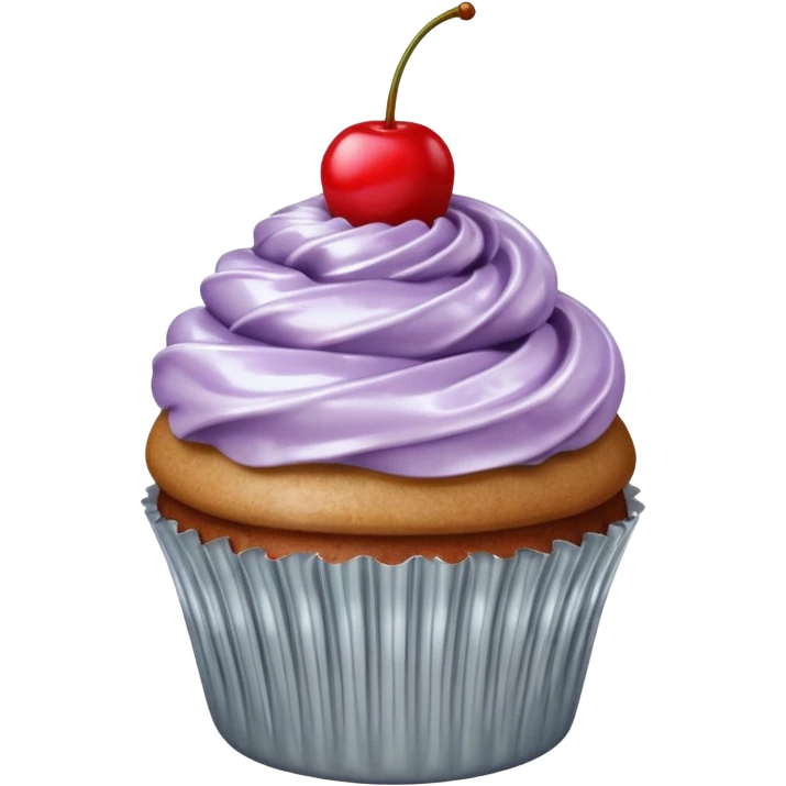 cupcake with silver frosting and a cherry on top emoji
