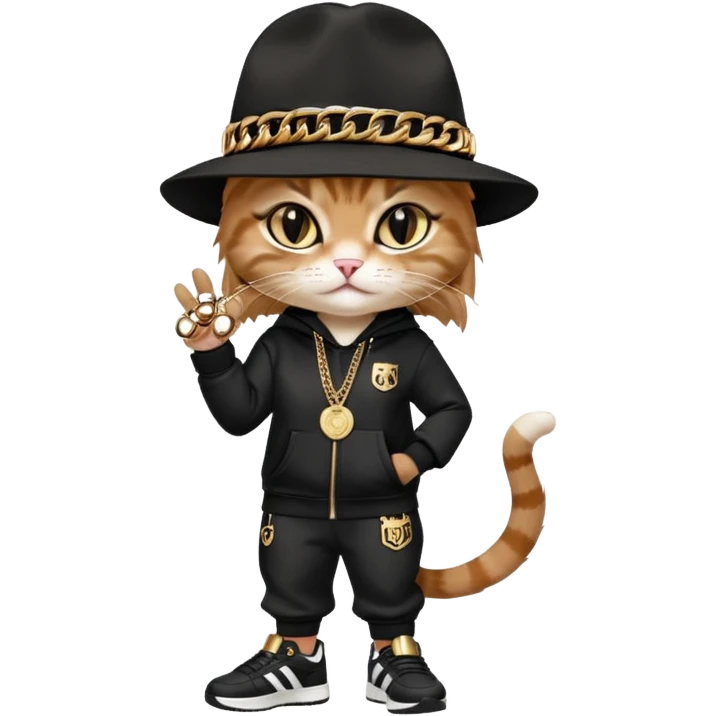 female cat dressed like Run DMC with tracksuit, fedora, Adidas shoes, lots of gold chains, rings, bracelets, earrings, eyes averted, talking to a friend, no sunglasses emoji