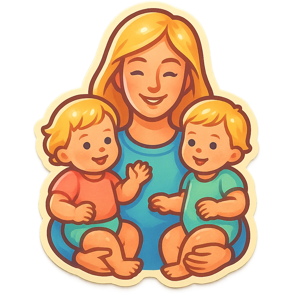 mother with long light hair holding one-year-old twin girls with short light hair, all in pastel outfits, retro stickers style, different compositions emoji