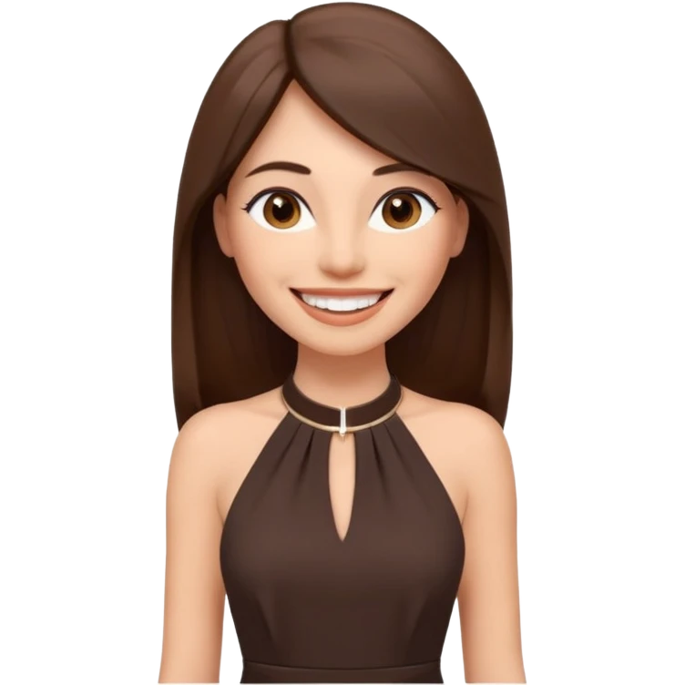 emoji-style illustration of a stylish pretty big smile woman with long straight brown hair, wearing a dark halter neck dress, elegant and minimalistic look, front-facing, soft 3D cartoon rendering, plain background emoji