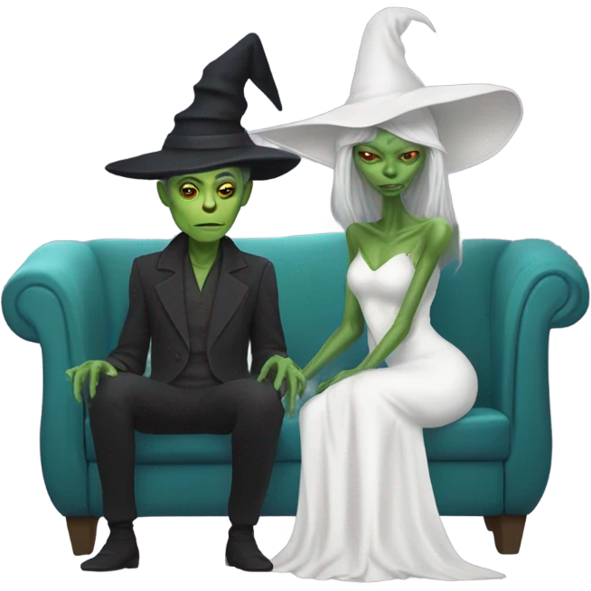 alien reptilian woman as witch, human man in white dress, sitting on a couch  emoji