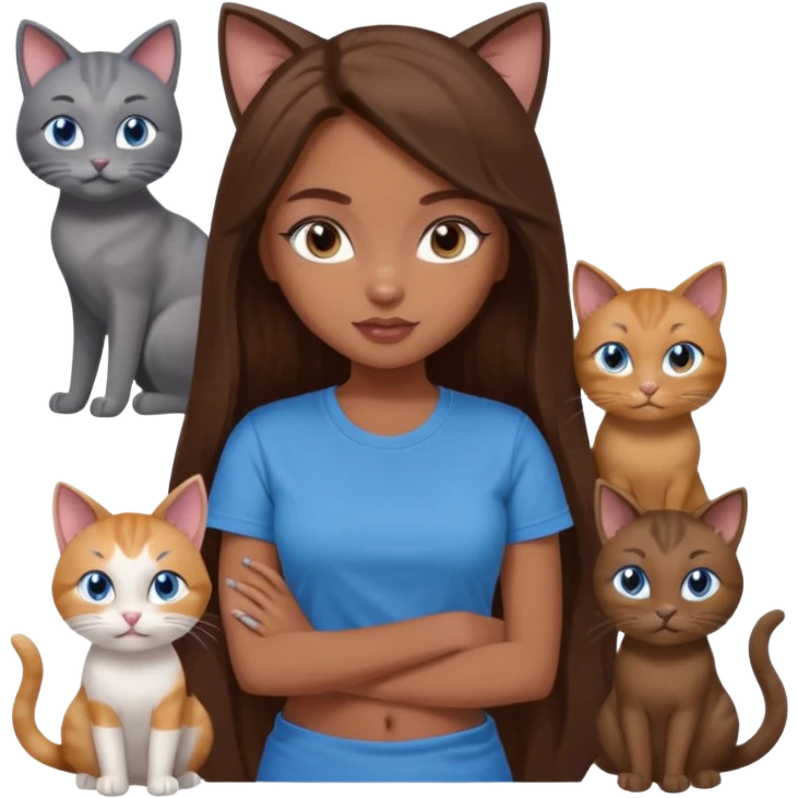 a pretty bratz dusky girl with long brown hair, blue eyes with six cats nd wearing a grey tshirt emoji