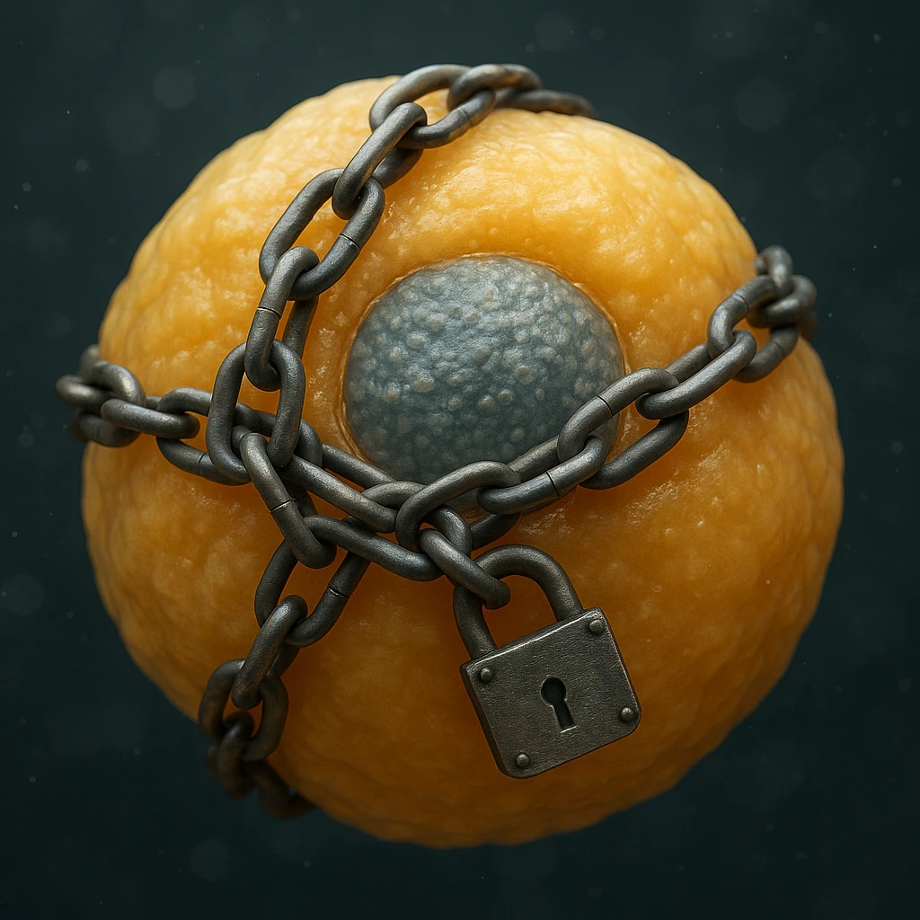 adipocyte with visible nucleus wrapped in chains and padlock, hyper realistic 4K, microscopic details, scientific atmosphere emoji