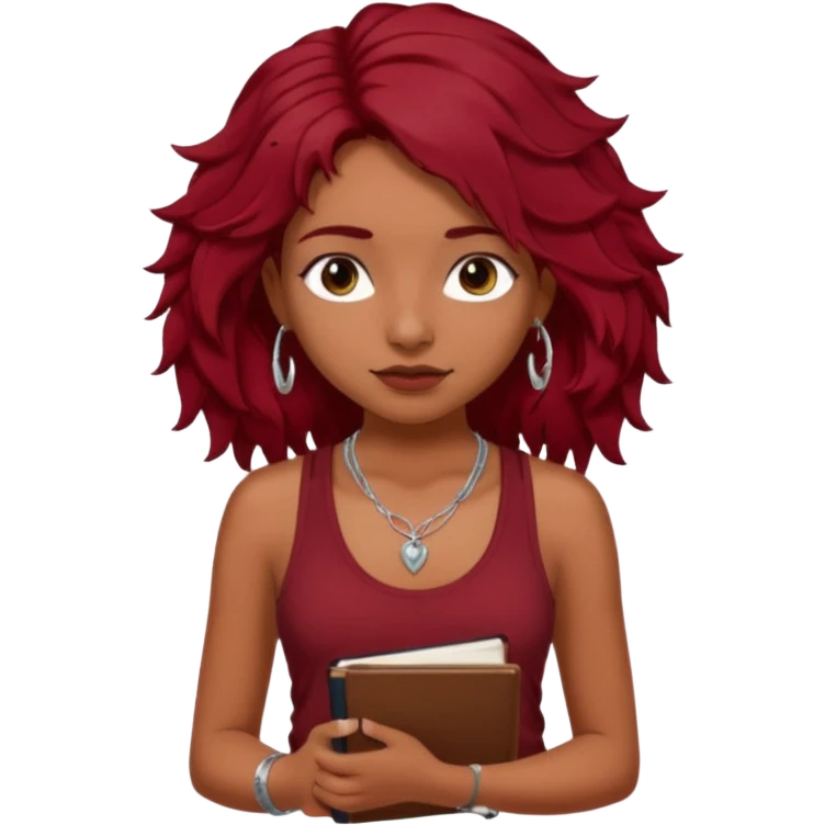 a pretty tan indian bratz girl with messy dark wavyred hair, wearing a dark red tank top, layered silver necklaces. Carrying multiple sketchbooks and pens emoji