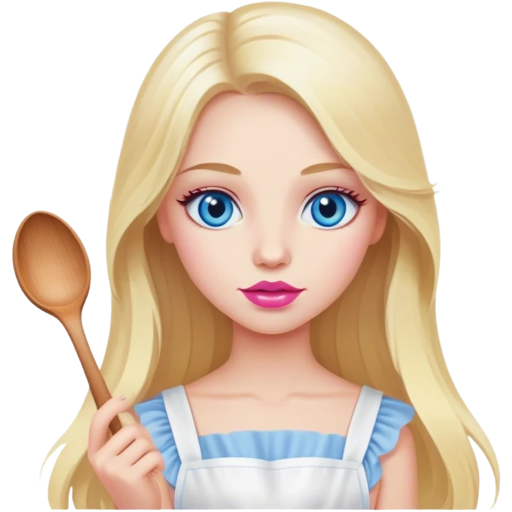 Cinematic realistic beautiful blonde with long hair, blue eyes and pink lips in a white dress cooks emoji