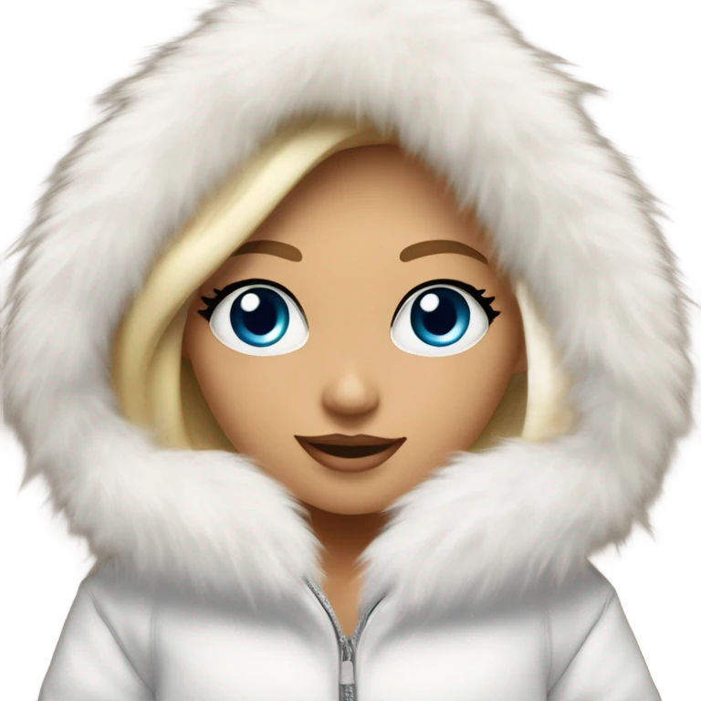 Tanned Girl with lashes and blue eyes, blonde hair, in a extremely big fluffy oversized white fur coat with hood on. The fur is real and it’s very obvious big and fluffy  emoji