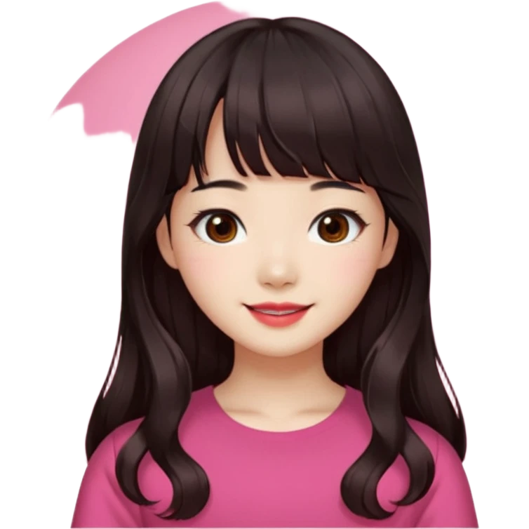 Korean girl, red top, black brown hair, brown eyes, long wavy hair, aesthetic, long hair, hime cut, blunt bangs, pink lip emoji