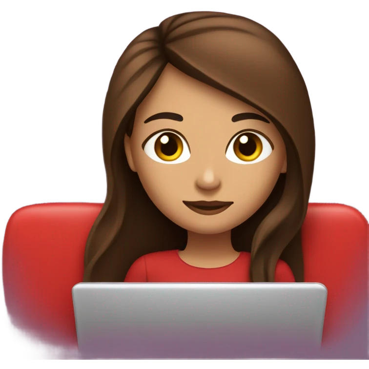 Brunette girl with long straight brown hair and black eyes is lying on a red sofa with her laptop on her lap emoji