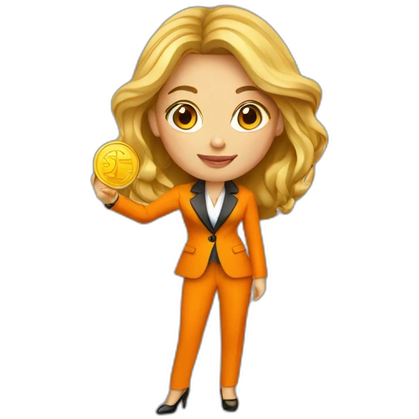Posh-woman-with-orange-suit-holding-golden-coins emoji