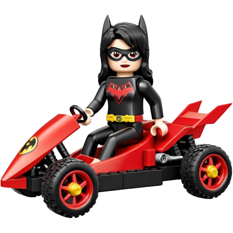 Hot full size real size-appearance electric racing action Lego BatWoman’s feminine midnight-colored tight outfit sixty’s tv show 1992 dark stealthy sporty safe plush petite off-road pursuit cruiser car rose gold accents (black hair,reclined and relaxed torso and shoulders seating position) go kart  emoji