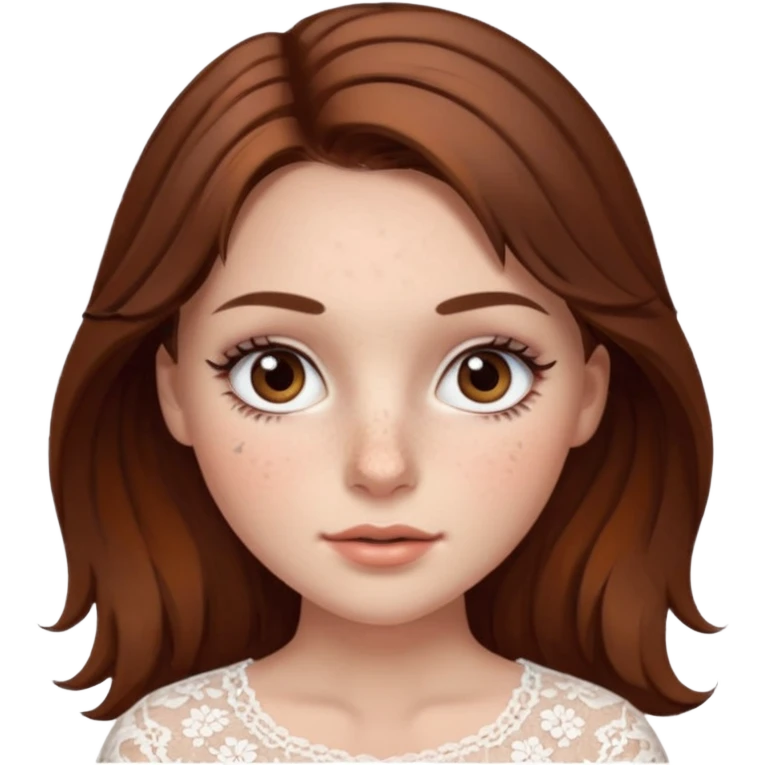 Girl with lace brown hair, white palid skin and brown eyes, with large lashes and freckles in face emoji