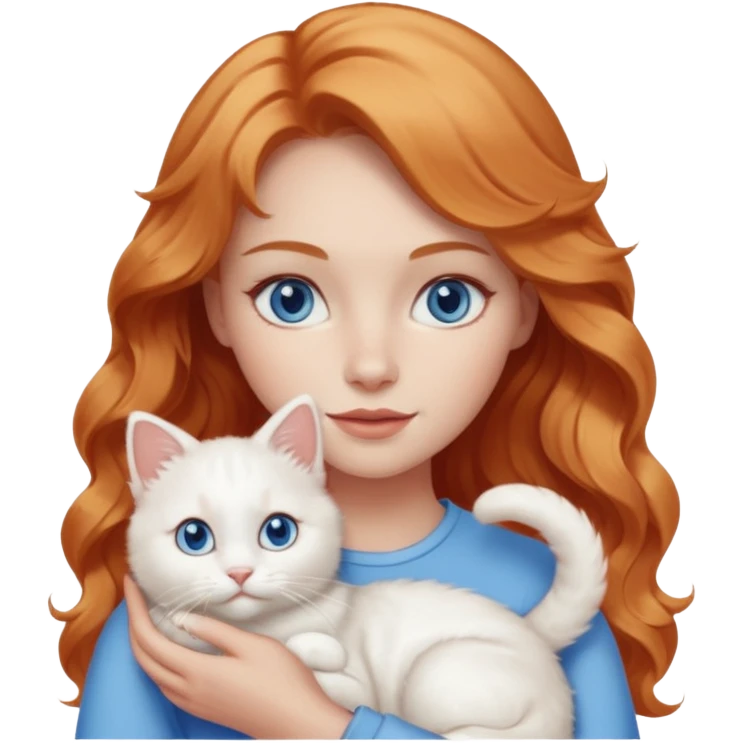 Long wavy strawberry blonde blue eyes woman with a white cat with blue eyes realistic  emoji