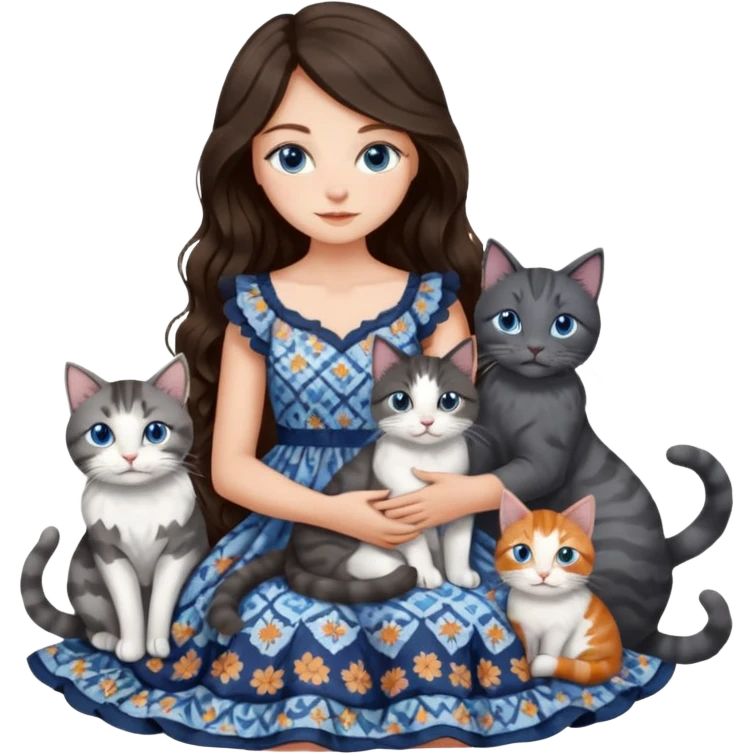 detailed realistic looking a dark grey and white cat regally sitting with six other cats, cuddling with their owner who is a pretty bratz lightly tanned white girl with long dark brown hair, blue eyes and gorgeous long wavy hair wearing a pretty detailed dress emoji