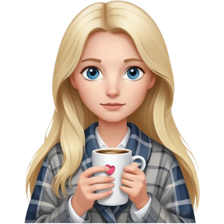 girl
blue eyes
long blond hair
wearing grey plaid housecoat
holding a white mug of coffee
wearing rose gold apple watch  emoji