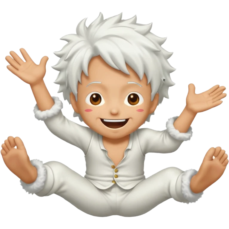 Create a joyful cartoon-style emoji of Luffy as a laughing character with wild, fluffy white hair and a glowing white outfit. The character should have a big open smile, one hand on its face in laughter, and be in a dynamic mid-air pose with bent legs, as if carefree and floating. emoji