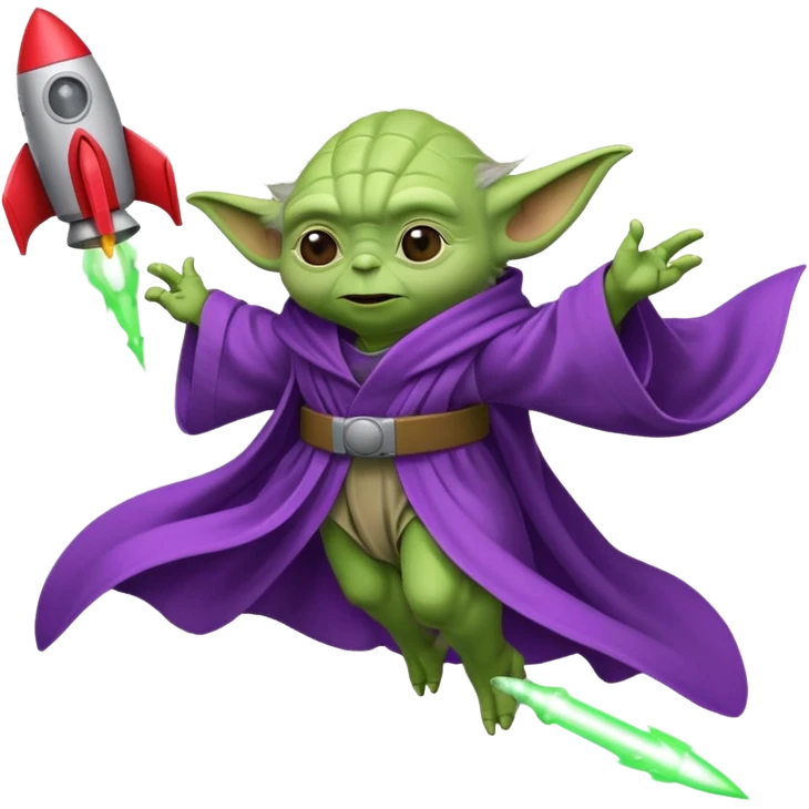 yoda in a purple robe flying in a rocket emoji