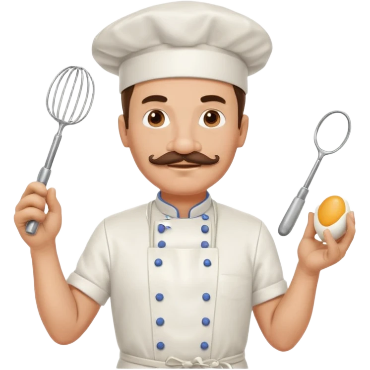 Middle aged male pastry chef - with a mustache, apron, white hat, and holding an egg beater in one hand emoji