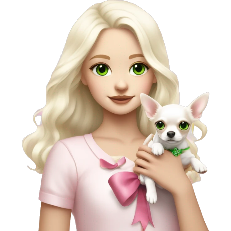 pale blond yt girl with wavy long platinum white hair with bright green eyes holding a white chihuahua puppy that wearing a pink bow emoji