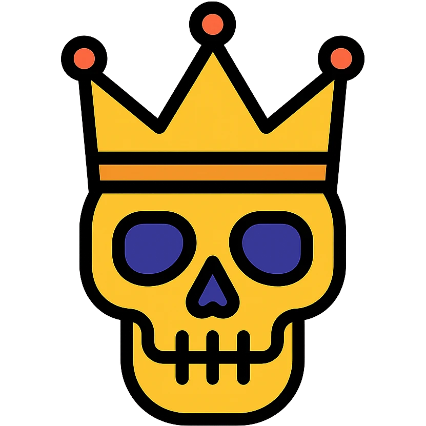 Totenkopf skull with a royal crown, stylized, modern style, lineal color icon with black outlines, transparent background emoji