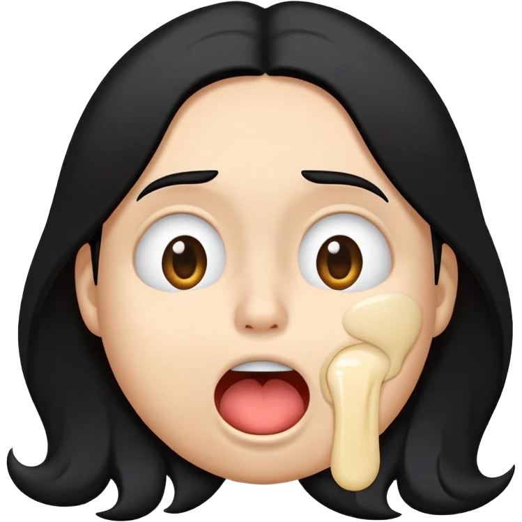 simple emoji, surprised disgusted face, classic, circular, genderless, emoji, 😮, long black hair, goopy white liquid on cheeks, goopy white cream on lips, goopy white cream on tongue, tongue out, eyes shut, >_< face, 😝, 😫 emoji