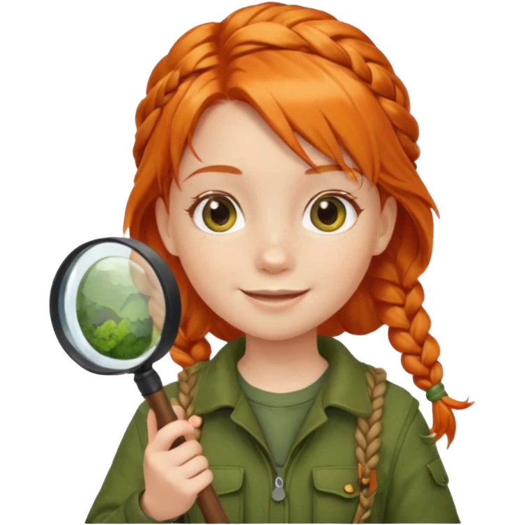 braid orange haired girl kid in moss green explorer outfit, holding magnifying glass, smile emoji