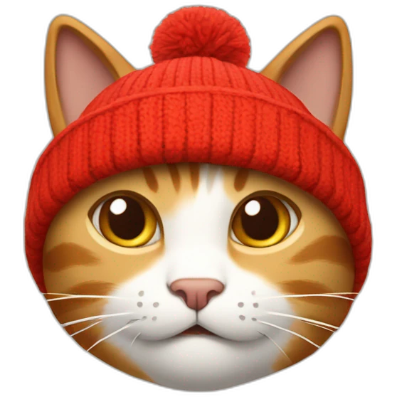 The cat in the beanie hat is red, the hat is on one side of the cat's head, the second ear is open and it is light brown, and the cat itself is white emoji
