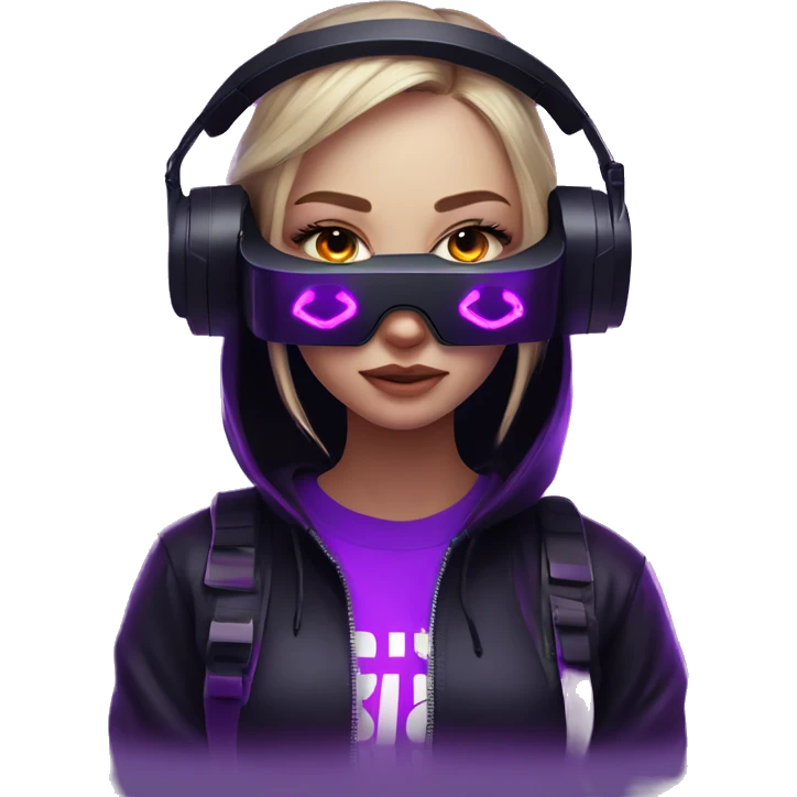 Russian girl wearing black hoody with violet letters "OMG", in vr headset. Cyberpunk style. Violet neon. emoji
