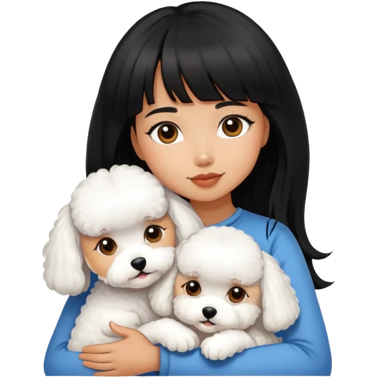 A beautiful girl with long black hair and bangs hugs a little Bichon Frise emoji