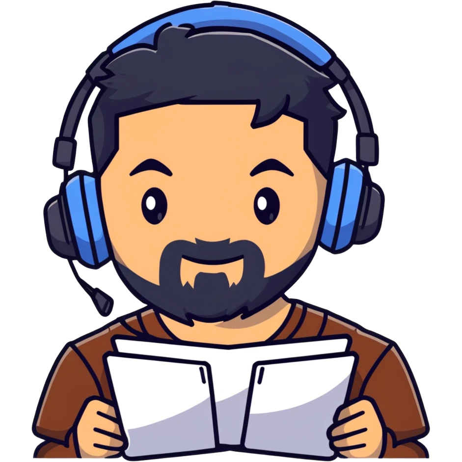 Serious male gamer with black hair, brown eyes, black beard, gaming headset emoji