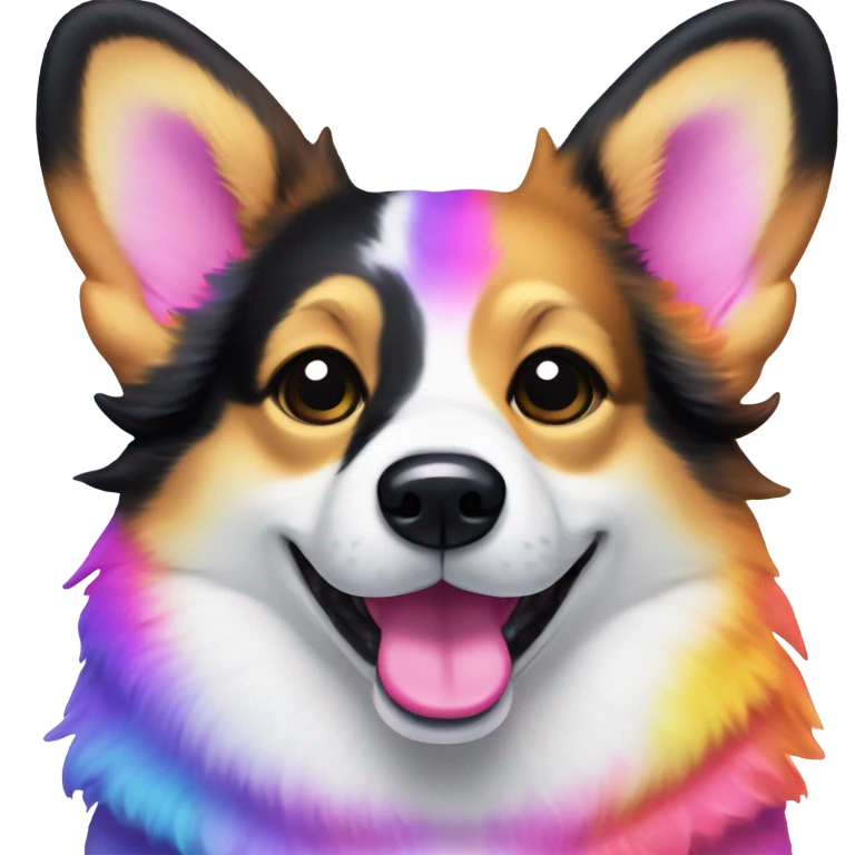 Tri-colored corgi with black near temples in the style of Lisa Frank with toy emoji