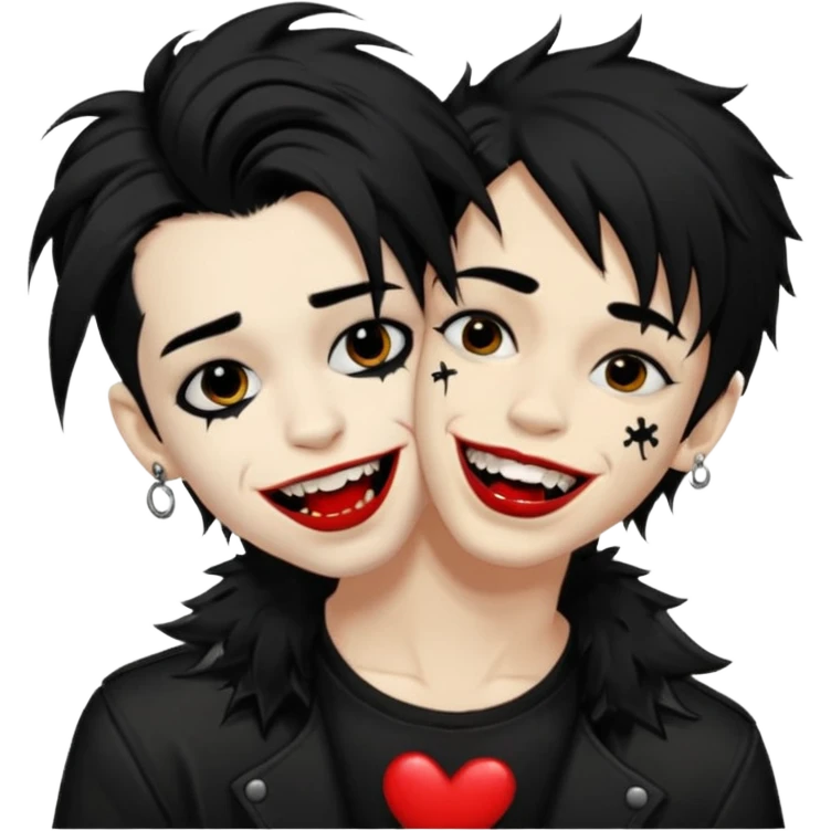 Laughing pale Goth boy with a bunch of face piercings, with shaggy dark brown hair, and messy black eyeliner , smudged, red, lipstick , kissing tan boy with long black hair  emoji