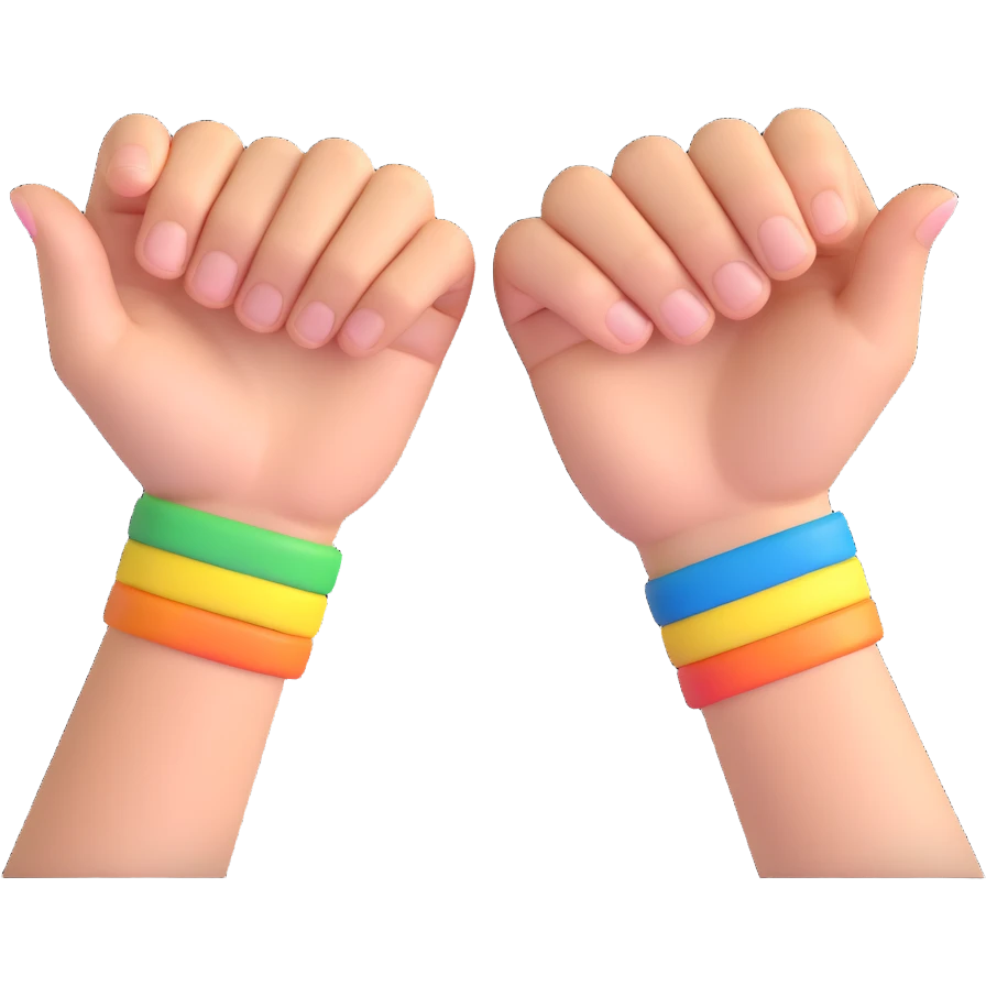 a pair of clasped hands with rainbow wristbands, 3D emoji style, showing support for Pride emoji