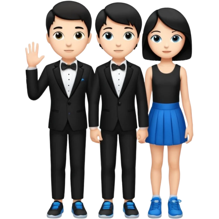 generate a pretty bratz fair skinned boy with short black hair wearing a black tux with blue sneakers with a girl emoji