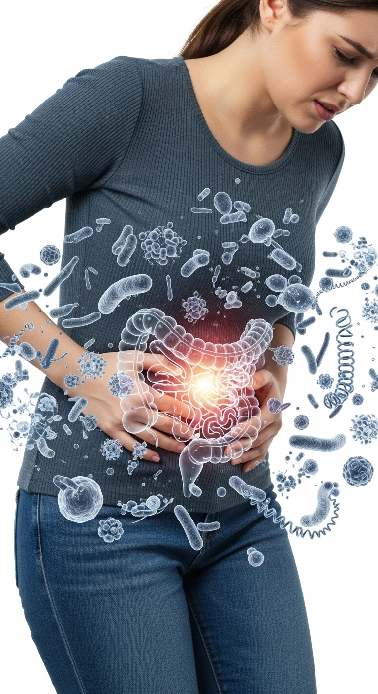 DONNA CON MAL DI PANCIA E INTESTINO UMANO ANATOMICO VISIBILE, BATTERI INTESTINALI FLUTTUANO INTORNO, IPERREALISTICO 4K, SFONDO BIANCO emoji
