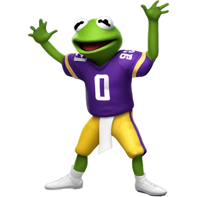 Kermit the frog in a Minnesota Vikings football uniform doing the griddy dance emoji