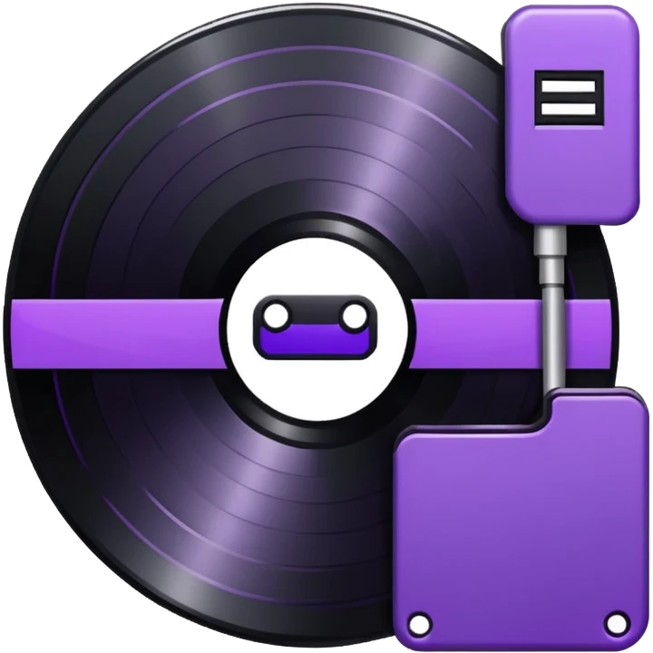 black 8-bit record disc with a purple middle label emoji