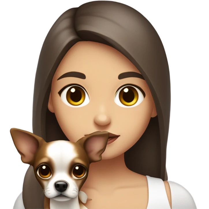 A girl with long brown hair, big dark brown eyes, huge lips wearing a white singlet top, she is holding a chihuahua that only has one colour being yellow emoji