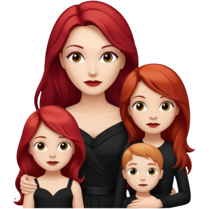 White woman in black dress with long red hair and makeup with two kids in beige  emoji
