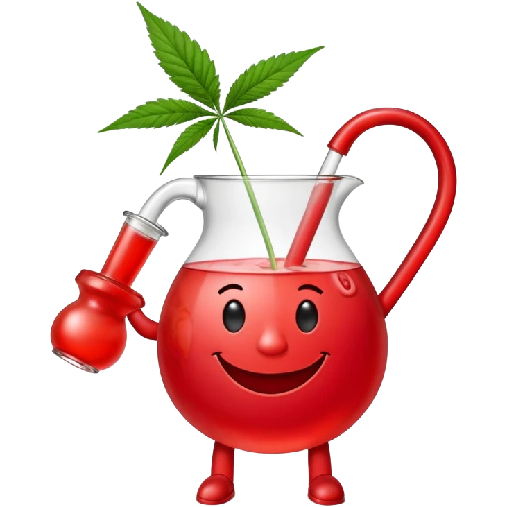 Kool-Aid Man pitcher character with legs and arms holding a bong with a cannabis leaf emoji