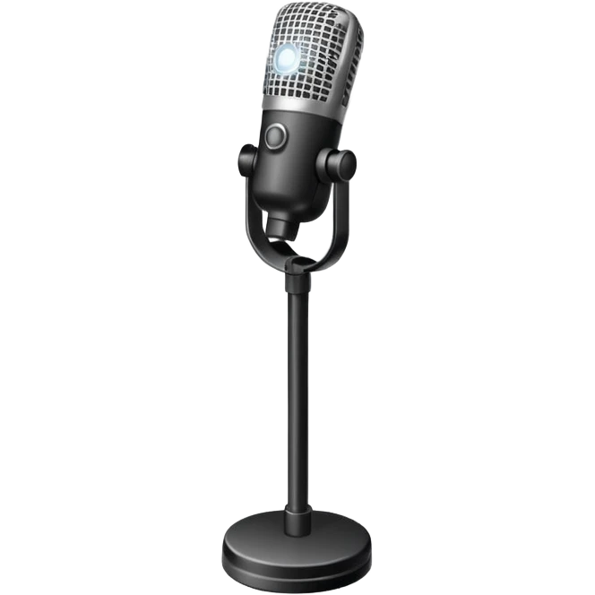 Minimalistic flat vector icon, iOS style, thin black contour on white background. Microphone on a stand with small spotlight rays. Clean, no text, no shadows emoji