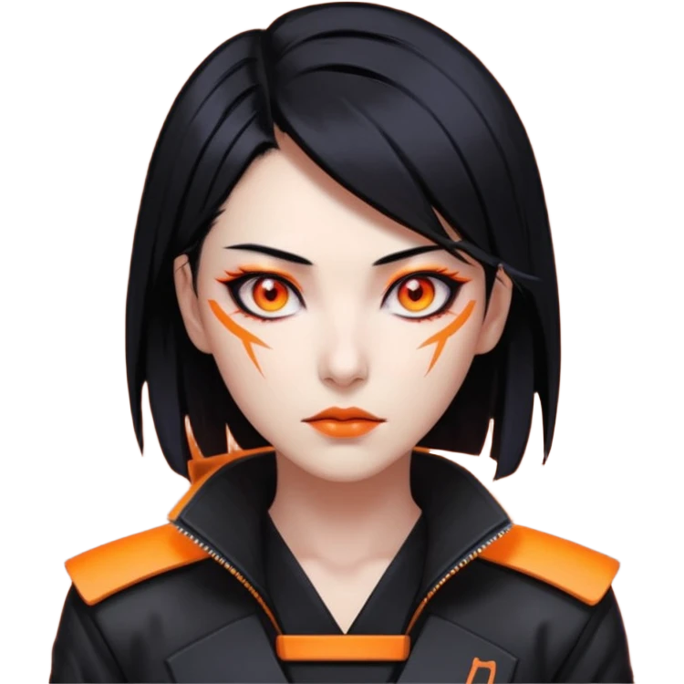Cyberpunk Japanese woman, mid-50s looking young, sharp features, sleek black hair, glowing orange eyes, vengeful expression, neon highlights. emoji