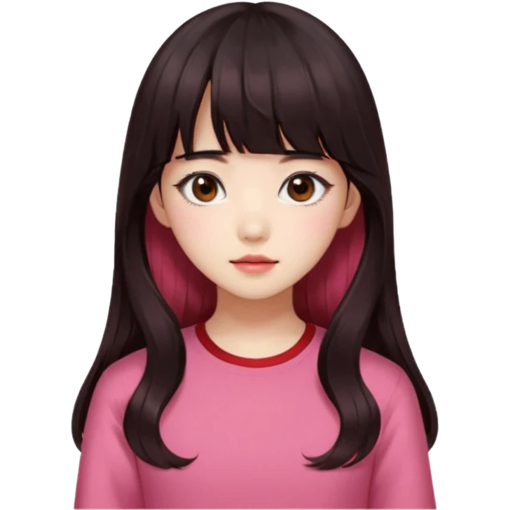 Korean girl, red top, black brown hair, brown eyes, long wavy hair, aesthetic, long hair, hime cut, blunt bangs, pink girl emoji