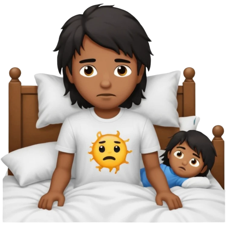 generate a pretty bratz brown skinned boy with black messy long hair wearing a white tshirt sitting in his in bed. Looking sleepy emoji