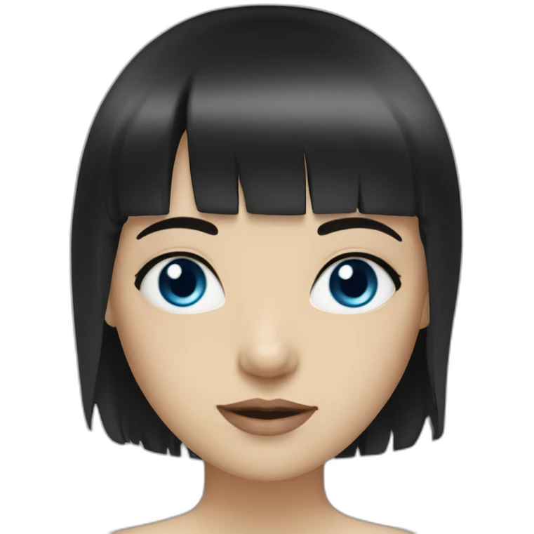 girl with blue eyes black hair fringe white skin and a little cheek emoji