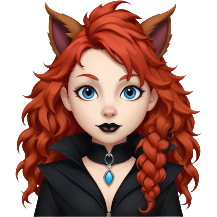  long curly red hair (darker), red pointed ears with black trim, black goth outfits, body and face human, blue eyes, more pointy chin, black lipstick, one big fluffy red squirrel tail with black tips, like the attached photo with more outfits and poses,  emoji